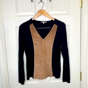 Donna Degnan Black & 100% genuine pig  Suede Panel V-Neck Long Sleeve Top Size S